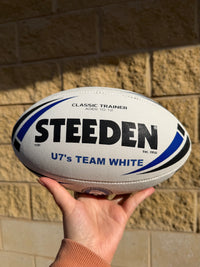 Load image into Gallery viewer, Personalised White/Blue Steeden Rugby League Balls (Mod Size)
