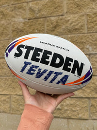 Load image into Gallery viewer, Personalised Match Rugby League White/Purple Steeden (size 5)
