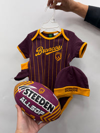 Load image into Gallery viewer, Personalised Brisbane Broncos NRL Baby Supporter Pack (Size 00 or Size 1)
