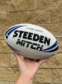 Load image into Gallery viewer, Personalised White/Blue Steeden Rugby League Balls (Mod Size)
