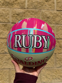 Load image into Gallery viewer, Personalised Spalding Pink Multi Marble Glow Rubber Basketball (Size 5, 6)
