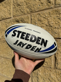 Load image into Gallery viewer, Personalised White/Blue Steeden Rugby League Balls (Mod Size)
