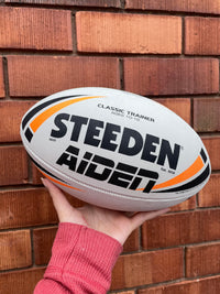 Load image into Gallery viewer, Personalised White &amp; Orange Steeden Rugby League Ball (Mod Size)
