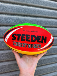 Load image into Gallery viewer, Personalised Multi Colour Steeden Rugby League Ball (Mini Size, Mod Size)
