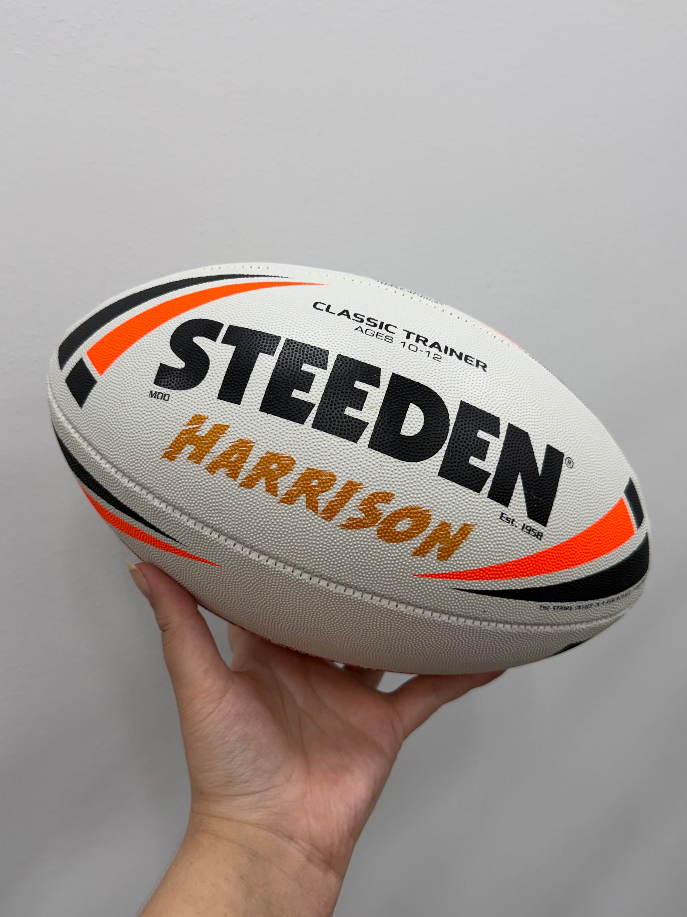 Personalised White & Orange Steeden Rugby League Ball (Mod Size)