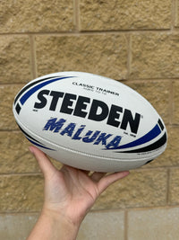 Load image into Gallery viewer, Personalised White/Blue Steeden Rugby League Balls (Mod Size)
