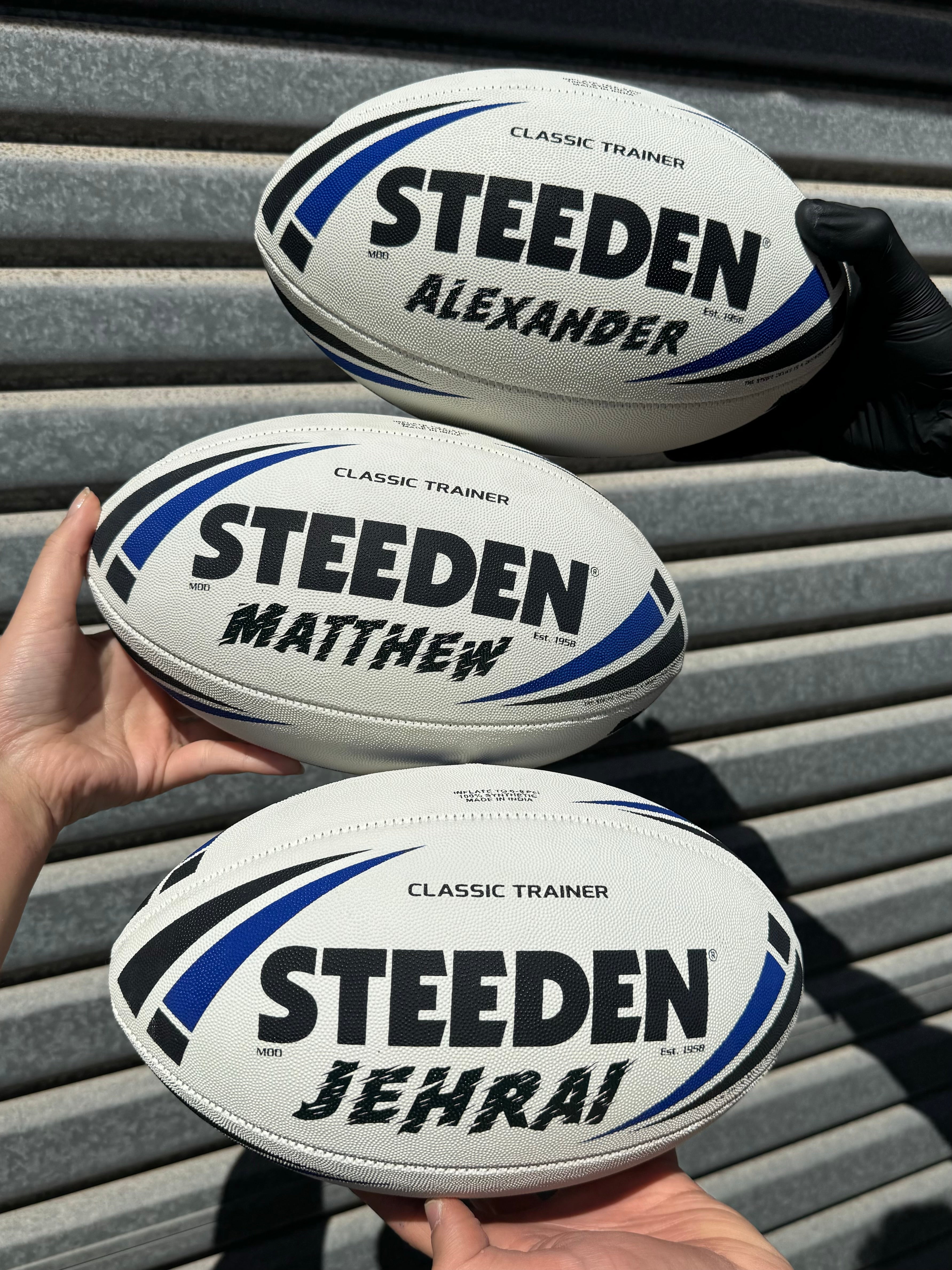 Personalised White/Blue Steeden Rugby League Balls (Mod Size)