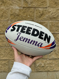Load image into Gallery viewer, Personalised Match Rugby League White/Purple Steeden (size 5)
