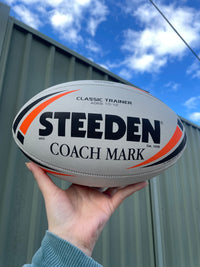 Load image into Gallery viewer, Personalised White &amp; Orange Steeden Rugby League Ball (Mod Size)
