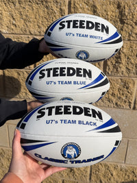 Load image into Gallery viewer, Personalised White/Blue Steeden Rugby League Balls (Mod Size)
