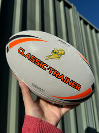 Load image into Gallery viewer, Personalised White &amp; Orange Steeden Rugby League Ball (Mod Size)
