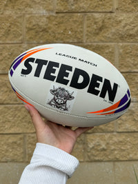 Load image into Gallery viewer, Personalised Match Rugby League White/Purple Steeden (size 5)
