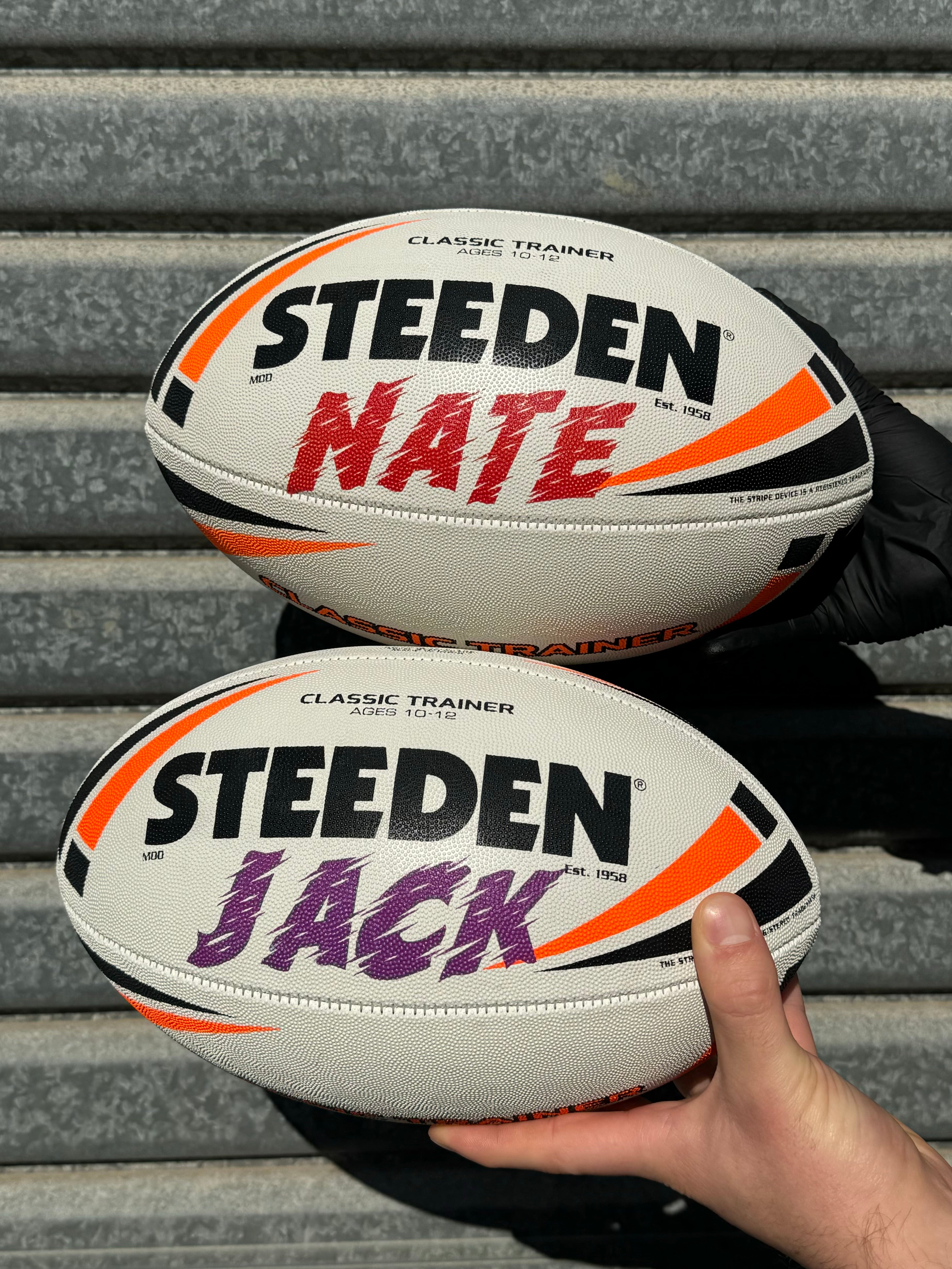 Personalised White/Orange Steeden Rugby League Balls (Mod Size)