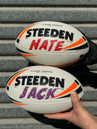 Load image into Gallery viewer, Personalised White &amp; Orange Steeden Rugby League Ball (Mod Size)
