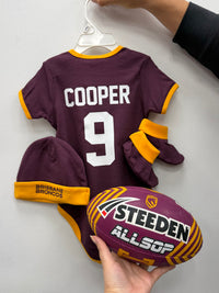 Load image into Gallery viewer, Personalised Brisbane Broncos NRL Baby Supporter Pack (Size 00 or Size 1)
