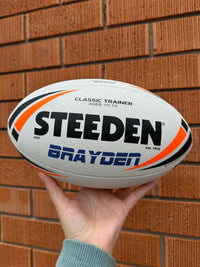 Load image into Gallery viewer, Personalised White &amp; Orange Steeden Rugby League Ball (Mod Size)
