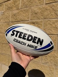 Load image into Gallery viewer, Personalised White/Blue Steeden Rugby League Balls (Mod Size)
