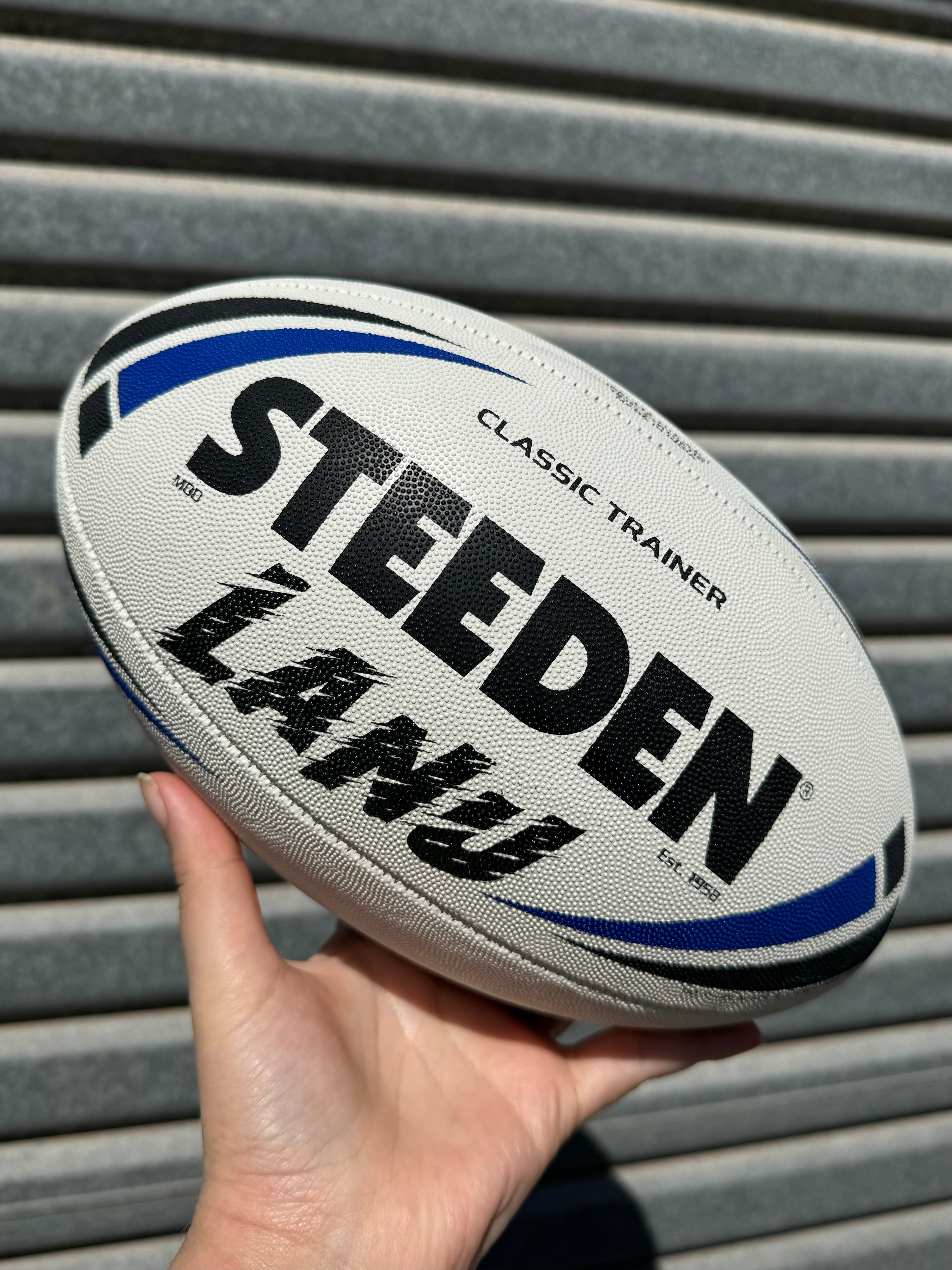 Personalised White/Blue Steeden Rugby League Balls (Mod Size)