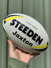 Load image into Gallery viewer, Personalised White/Yellow Steeden Rugby League Balls (Mini Size)
