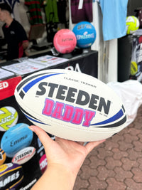 Load image into Gallery viewer, Personalised White/Blue Steeden Rugby League Balls (Mod Size)
