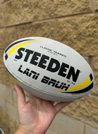 Load image into Gallery viewer, Personalised White/Yellow Steeden Rugby League Balls (Mini Size)
