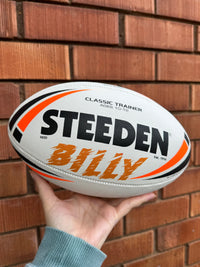Load image into Gallery viewer, Personalised White &amp; Orange Steeden Rugby League Ball (Mod Size)
