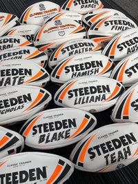 Load image into Gallery viewer, Personalised White &amp; Orange Steeden Rugby League Ball (Mod Size)
