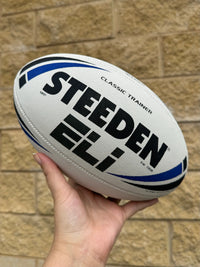 Load image into Gallery viewer, Personalised White/Blue Steeden Rugby League Balls (Mod Size)
