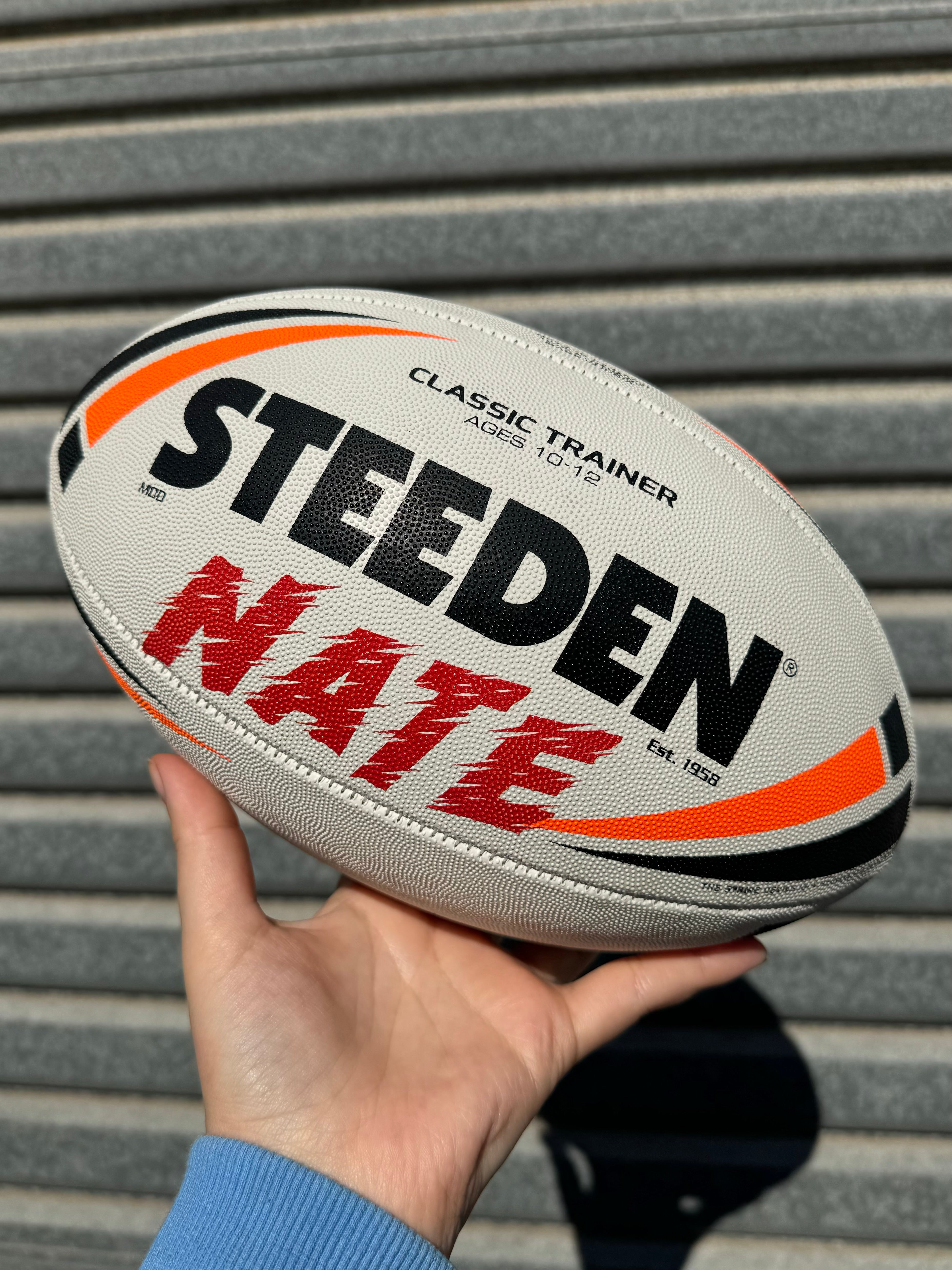 Personalised White/Orange Steeden Rugby League Balls (Mod Size)