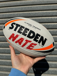 Load image into Gallery viewer, Personalised White &amp; Orange Steeden Rugby League Ball (Mod Size)
