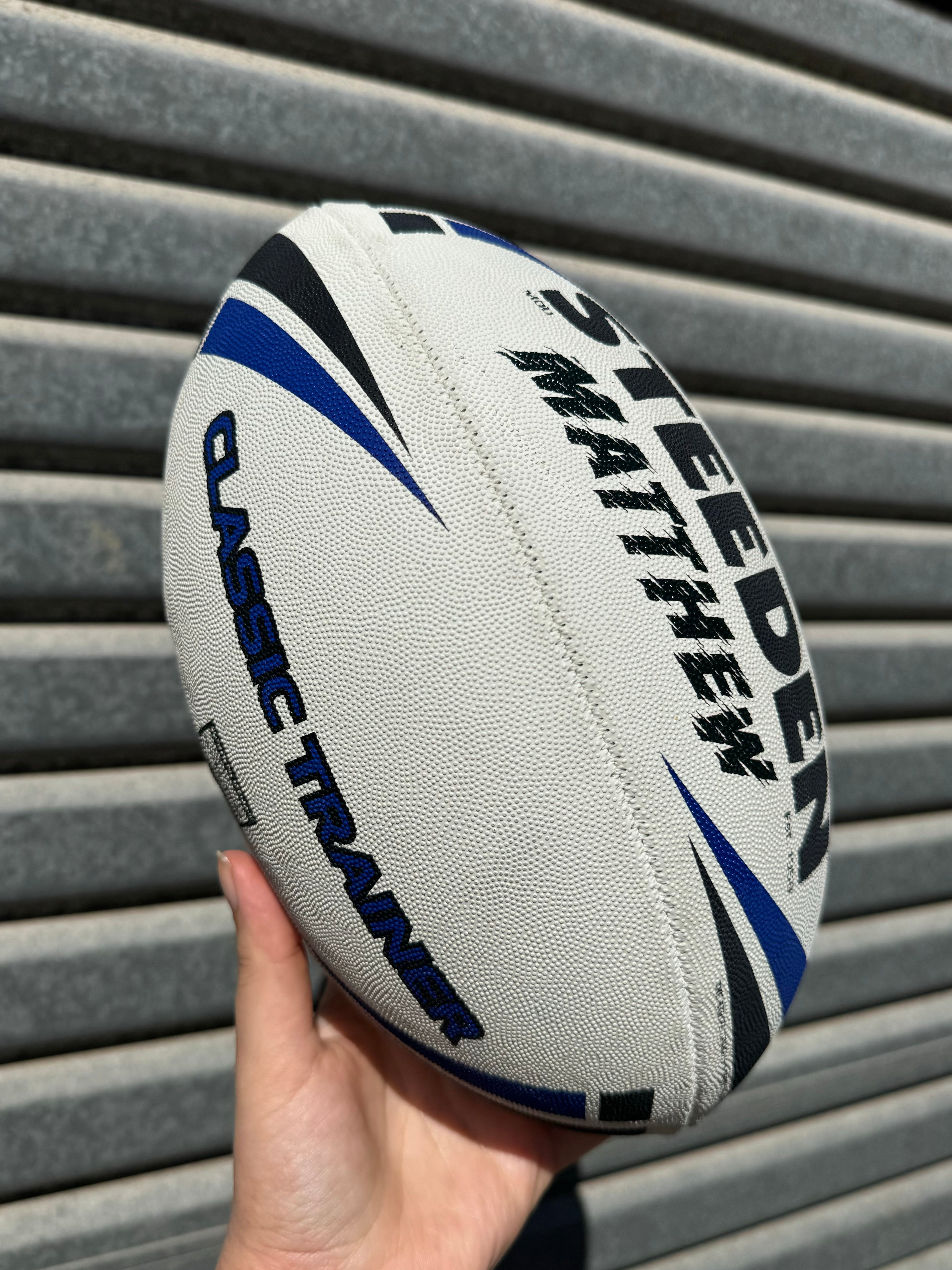 Personalised White/Blue Steeden Rugby League Balls (Mod Size)