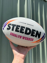 Load image into Gallery viewer, Personalised Match Rugby League White/Purple Steeden (size 5)
