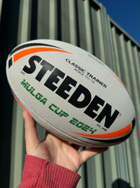 Load image into Gallery viewer, Personalised White &amp; Orange Steeden Rugby League Ball (Mod Size)
