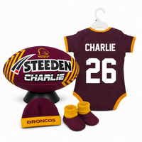Load image into Gallery viewer, Personalised Brisbane Broncos NRL Baby Supporter Pack (Size 00 or Size 1)
