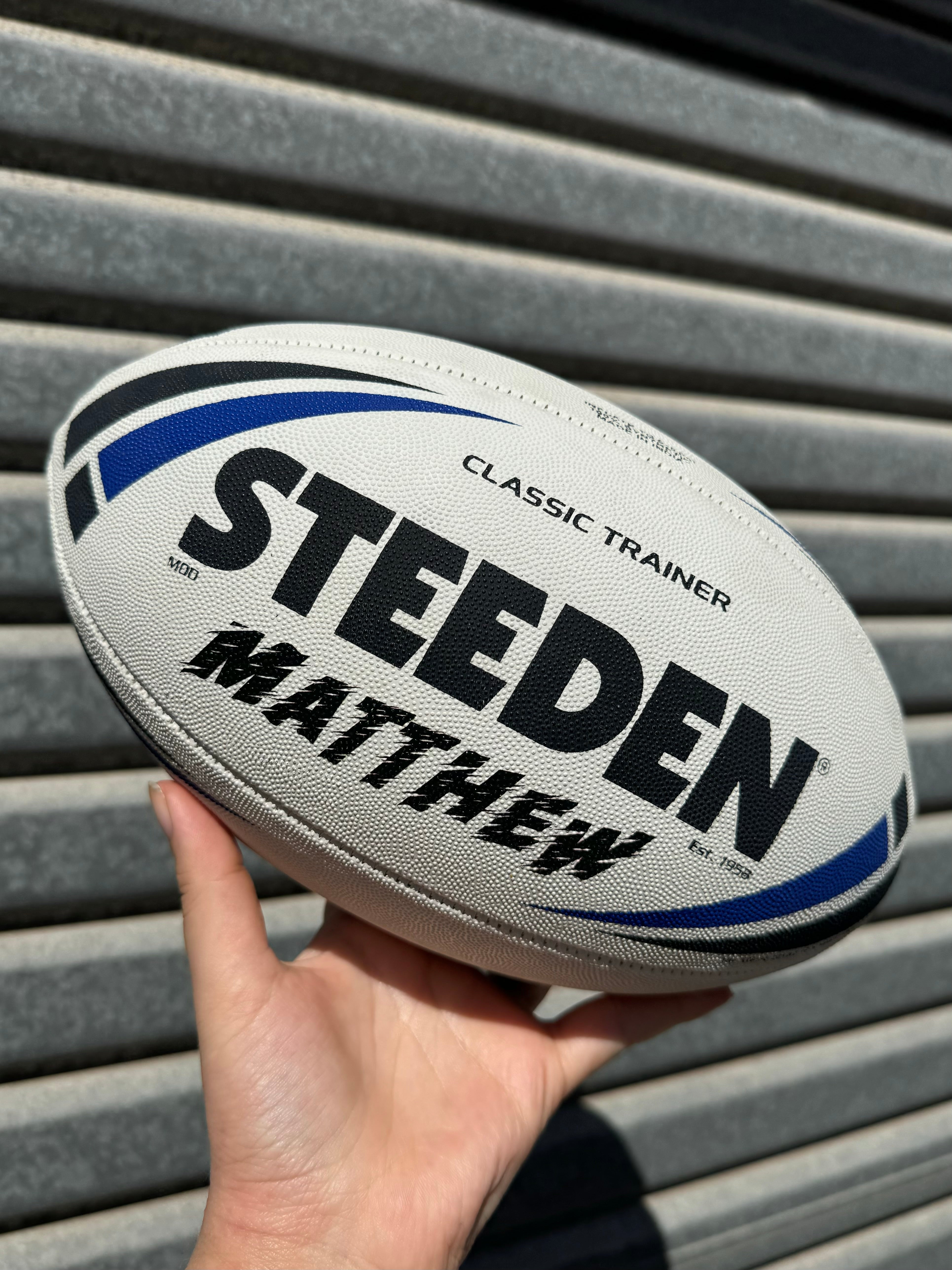 Personalised White/Blue Steeden Rugby League Balls (Mod Size)