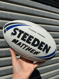 Load image into Gallery viewer, Personalised White/Blue Steeden Rugby League Balls (Mod Size)

