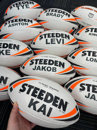 Load image into Gallery viewer, Personalised White &amp; Orange Steeden Rugby League Ball (Mod Size)
