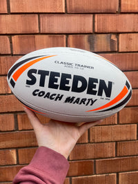 Load image into Gallery viewer, Personalised White &amp; Orange Steeden Rugby League Ball (Mod Size)
