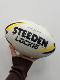 Load image into Gallery viewer, Personalised White/Yellow Steeden Rugby League Balls (Mini Size)
