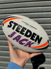 Load image into Gallery viewer, Personalised White &amp; Orange Steeden Rugby League Ball (Mod Size)
