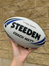 Load image into Gallery viewer, Personalised White/Blue Steeden Rugby League Balls (Mod Size)
