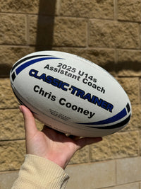 Load image into Gallery viewer, Personalised White/Blue Steeden Rugby League Balls (Mod Size)
