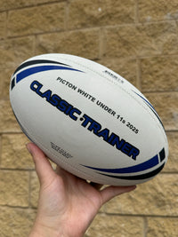 Load image into Gallery viewer, Personalised White/Blue Steeden Rugby League Balls (Mod Size)
