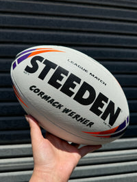 Load image into Gallery viewer, Personalised Match Rugby League White/Purple Steeden (size 5)
