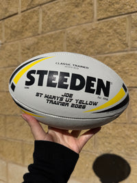 Load image into Gallery viewer, Personalised White/Yellow Steeden Rugby League Balls (Mini Size)
