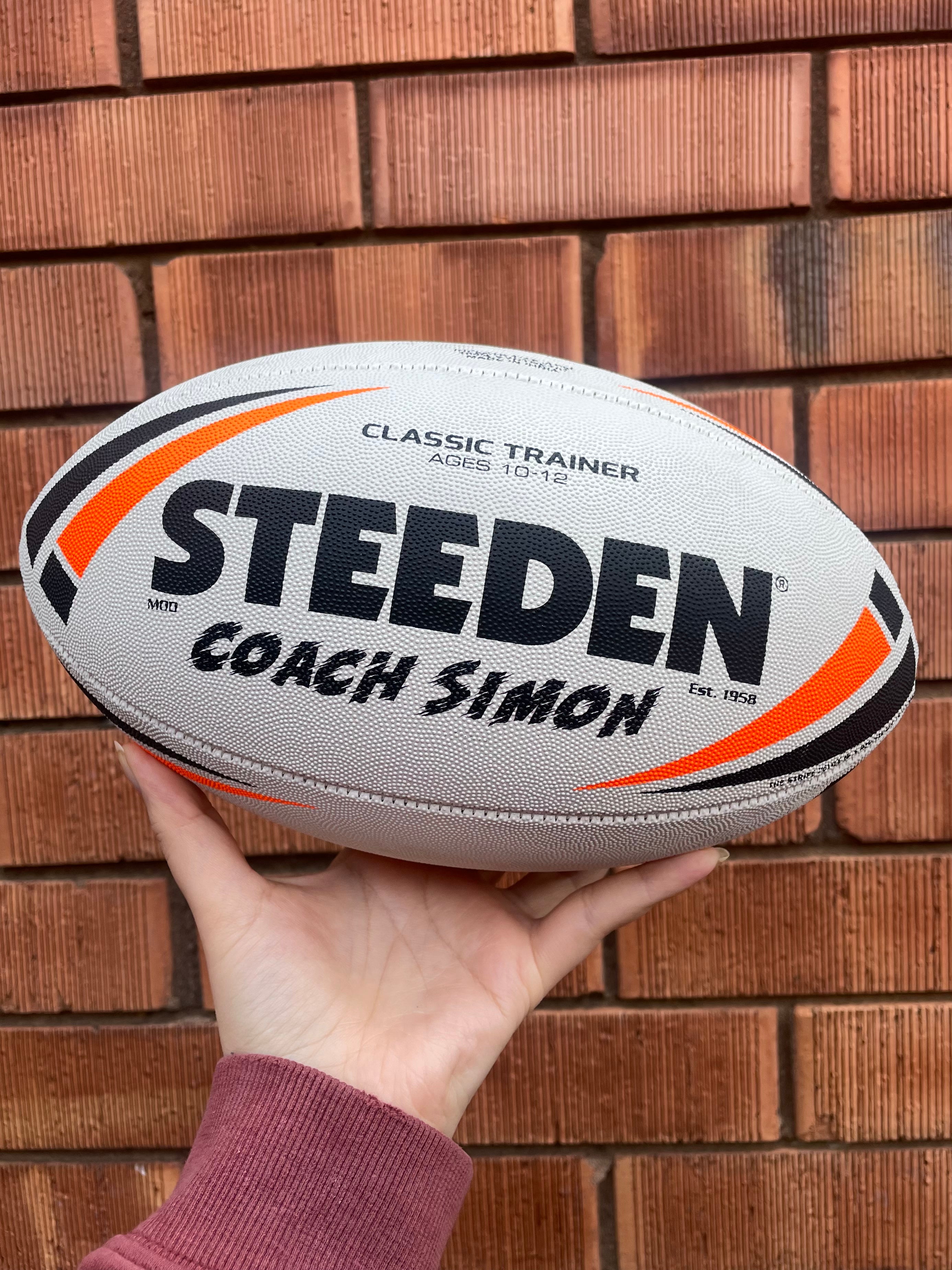 Personalised White/Orange Steeden Rugby League Balls (Mod Size)