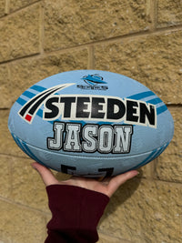 Load image into Gallery viewer, Personalised Cronulla Sharks Supporter Bundle (Official Jersey + Ball Pack)
