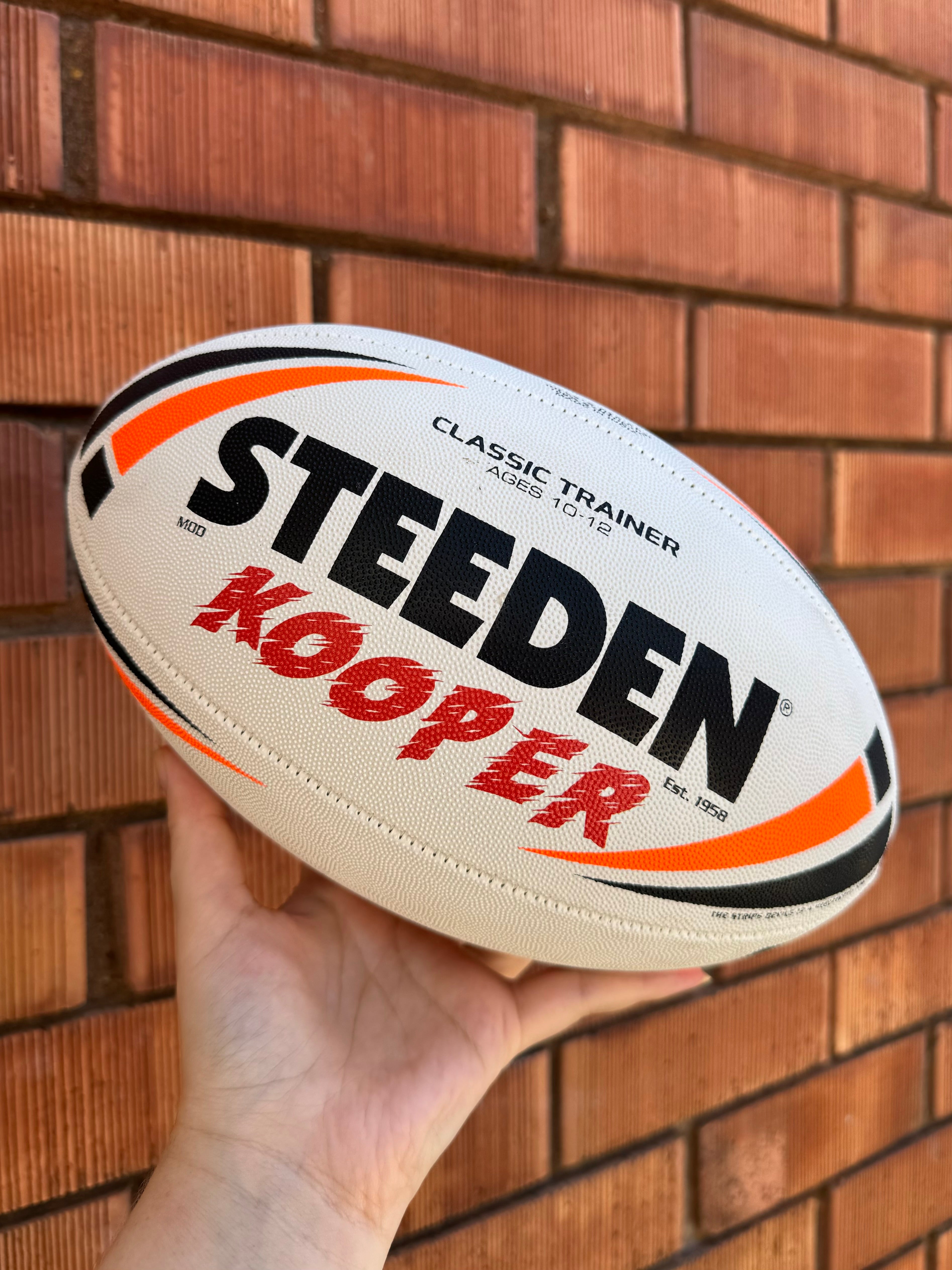 Personalised White/Orange Steeden Rugby League Balls (Mod Size)