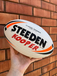 Load image into Gallery viewer, Personalised White &amp; Orange Steeden Rugby League Ball (Mod Size)
