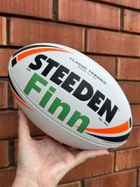 Load image into Gallery viewer, Personalised White &amp; Orange Steeden Rugby League Ball (Mod Size)
